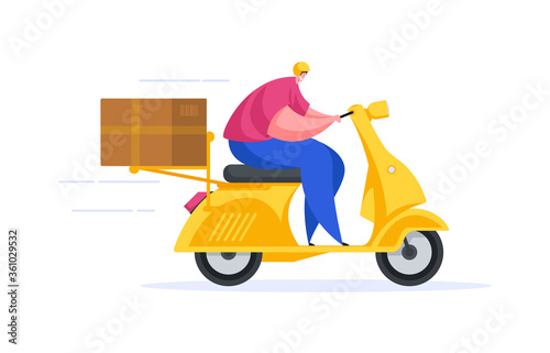 Delivery flat style guy riding scooter fast