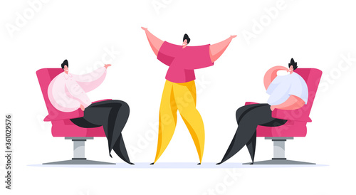 Cheerful male character holding speech in front of investors