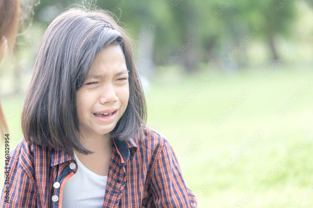 Mother looking at crying daughter, girl crying with tears in park