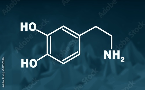 Chemical molecular formula hormone dopamine. Infographics illustration. Low poly backdround. Low poly mountains landscape backdround.