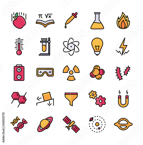 Science icon set outline style filled color modern flat design