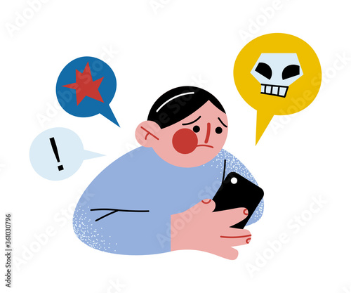 Boy reading warning bullying information from smartphone