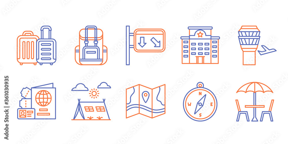 Φωτογραφία travel icon set backpack traffic sign hotel airport flight passport compass camping cafe with dual color line style flat