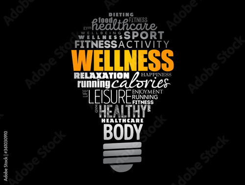Wellness light bulb word cloud collage, health concept background
