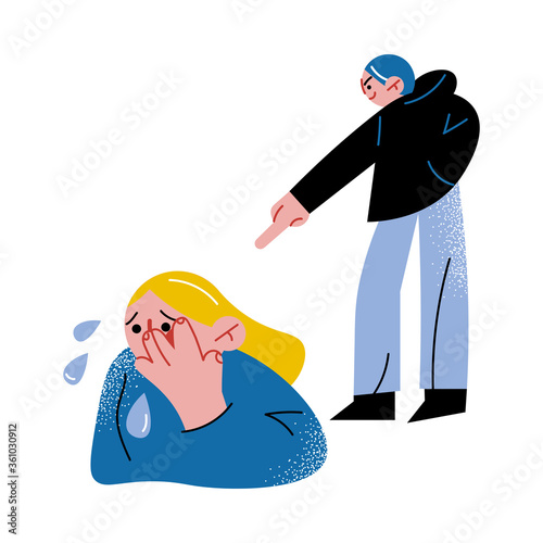 Angry man bullying and pointing with finger at crying afraid girl