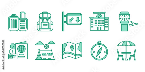 travel icon set hotel airplane backpack passport visa compass camping umbrella with chromatic color style flat design .