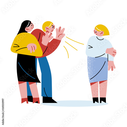 Two angry people man and woman bullying their woman colleague