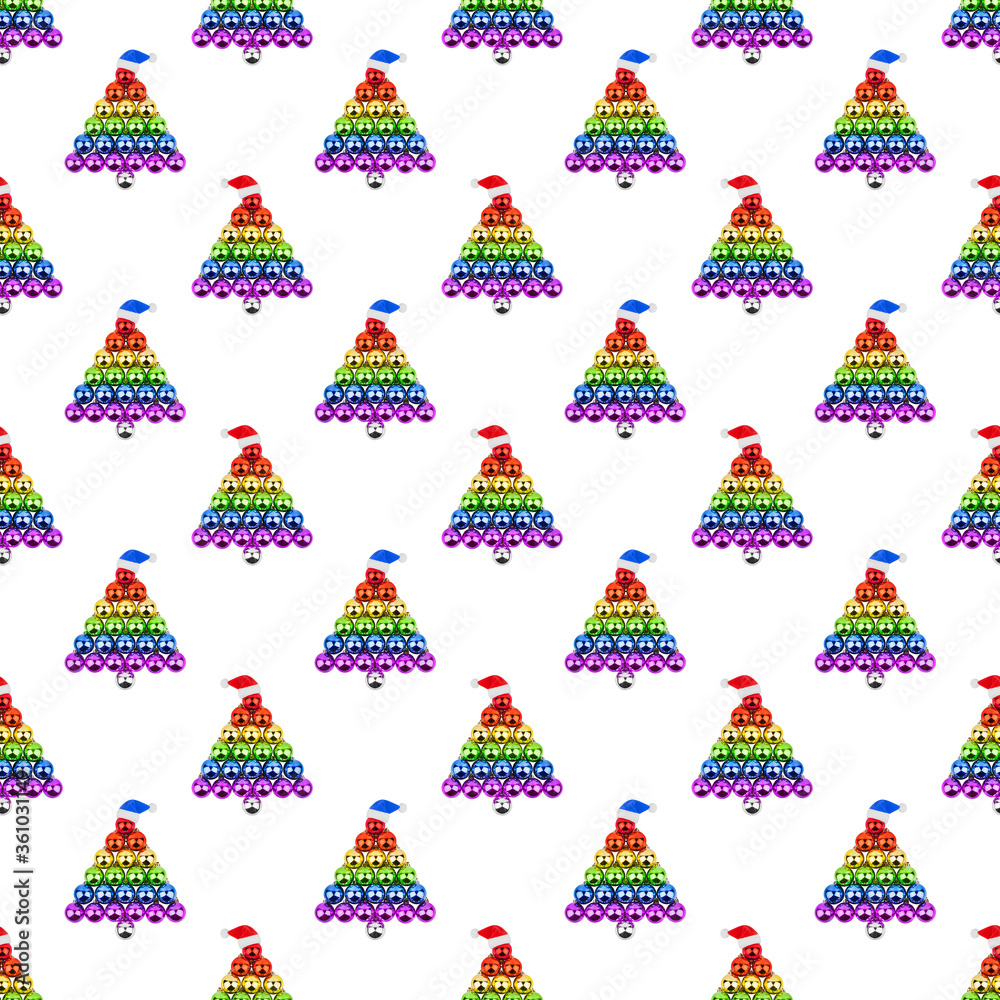 Seamless pattern Christmas decorations glass balls LGBTQ community rainbow color shape of fir tree & Santa Claus hat white background isolated, LGBT pride repeat ornament, gay, lesbian New Year print