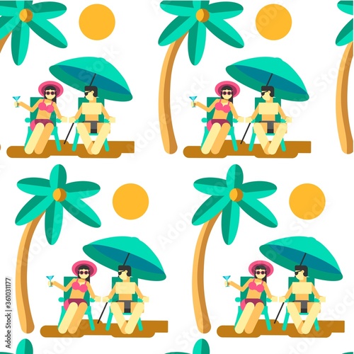 Couple relaxing by seaside on summer vacation seamless pattern