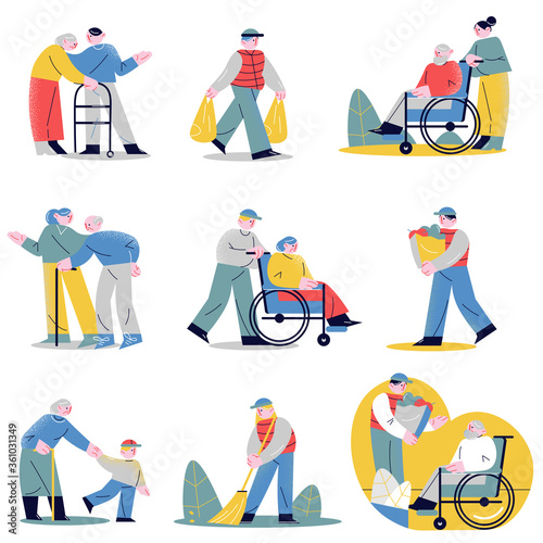Young people helping and taking care of elderly people in different situations