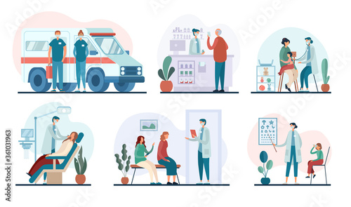 Vector illustrations of medical practitioners doing job photo