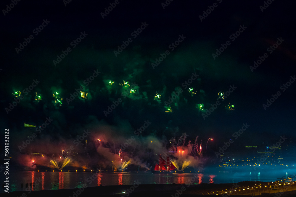 multicolored fireworks in the sky above Saint Petersburg