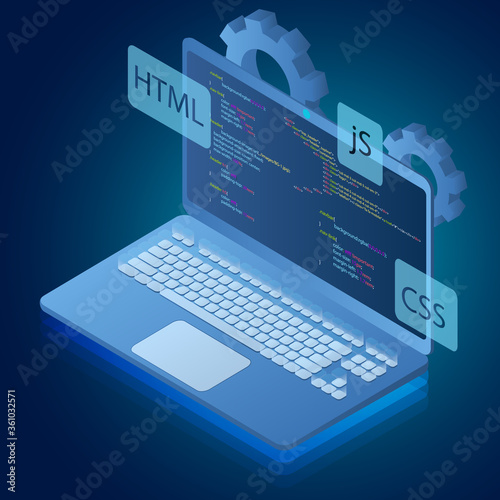 Programming and web design.Programming in an abstract style.Abstract concept of a graphic element. The modern design of the web interface.Technological concept.Isometric illustration.