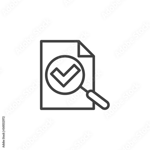 Document search completed line icon. Check assess linear style sign for mobile concept and web design. Magnifying glass and document file outline vector icon. Symbol logo illustration. Vector graphics