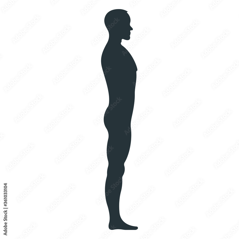 Male human character, people man view side body silhouette, isolated on white, flat vector illustration. Black people scale concept.