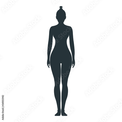 Female human character, people woman front side body silhouette, isolated on white, flat vector illustration. Black people scale concept.