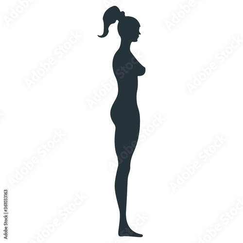 Female human character, people woman view side body silhouette, isolated on white, flat vector illustration. Black people scale concept.