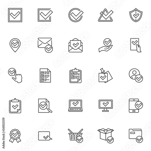 Confirmation, approval line icons set. Check mark linear style symbols collection, outline signs pack. vector graphics. Set includes icons as received message, checklist document, certified badge