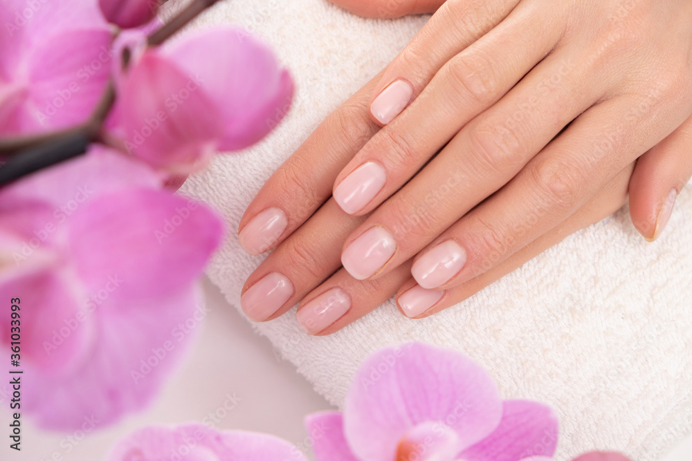 Female hands in spa. Close up to pretty done manicure. Orchid mood. Female hands in spa. Close up to pretty done manicure. Orchid mood.