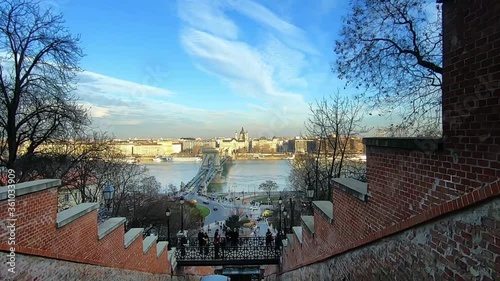 Thrilling timelapse journey up the Castle Hill funicular, showing a spectacular view across the Chain Bridge and the city of Budapest, Hungary photo