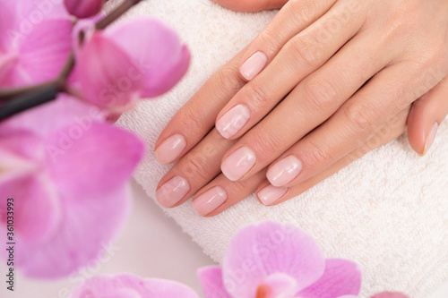 Female hands in spa. Close up to pretty done manicure. Orchid mood.