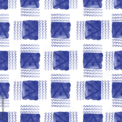 Vector seamless pattern ethnic indigo watercolor with blue square zig zag and white background.