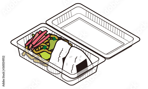 持ち帰り販売のフードパックに入った焼きそばとおにぎり弁当