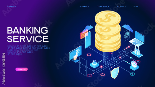 People using computer for online banking and accounting. Mobile banking. Web concept for online banking. Page template. 3d isometric illustration