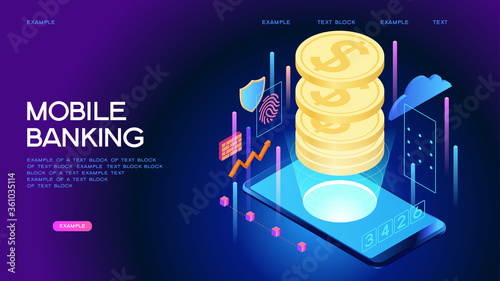 People using computer for online banking and accounting. Mobile banking. Web concept for online banking. Page template. 3d isometric illustration