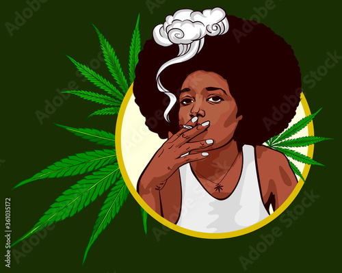 Smoking cannabis girl. Afro hair style. Marijuana leafs. Round frame