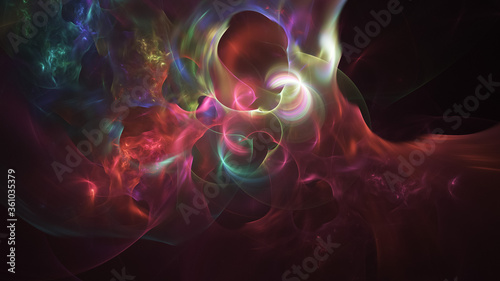 Abstract colorful red and green glowing shapes. Fantasy light background. Digital fractal art. 3d rendering.