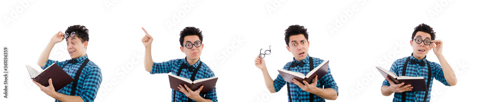 Funny student with books on white Funny student with books on white