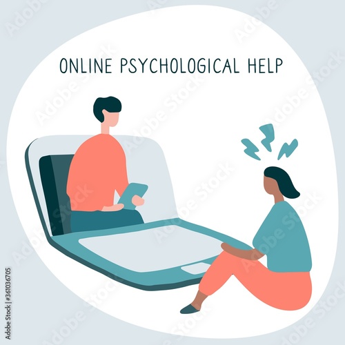 Woman at the psychologist online session. Doctor consultation by phone. Video call to psychiatrist. Online psychological therapy. Flat graphic