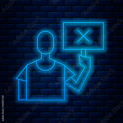 Glowing neon line Nature saving protest icon isolated on brick wall background. Earth planet protection, environmental issues demonstration. Vector Illustration.