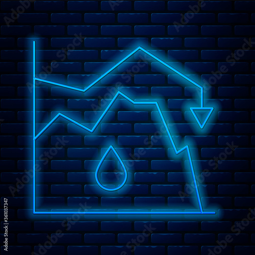 Glowing neon line Drop in crude oil price icon isolated on brick wall background. Oil industry crisis concept. Vector Illustration.