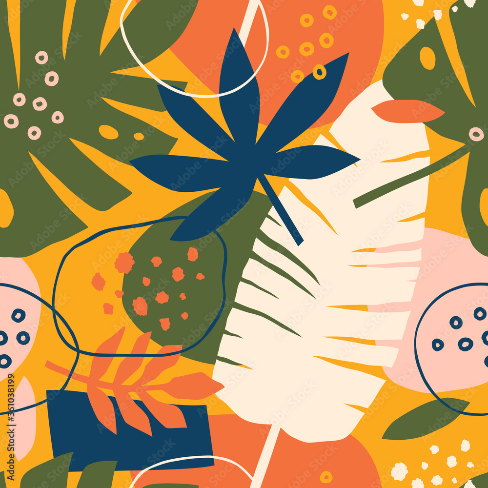 Abstract modern tropical pattern with bright leaves and plants. Summer background with exotic colorful shapes. 