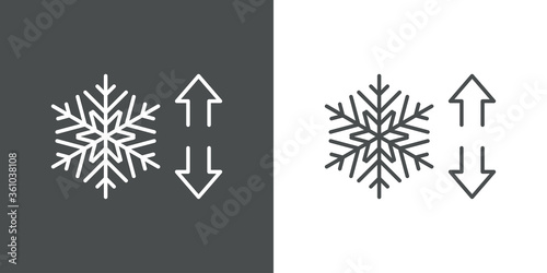 Concepto aire acondicionado. Icono plano lineal copo de nieve con flechas arriba y abajo en fondo gris y fondo blanco