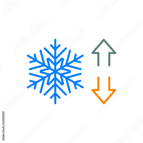 Concepto aire acondicionado. Icono plano lineal copo de nieve con flechas arriba y abajo en varios colores