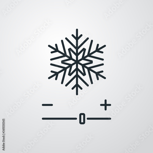 Concepto aire acondicionado. Icono plano lineal copo de nieve con control de nivel más menos en fondo gris
