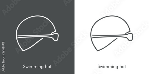Concepto deportes de verano. Icono plano lineal sombrero de natación con gafas protectoras en fondo gris y fondo blanco