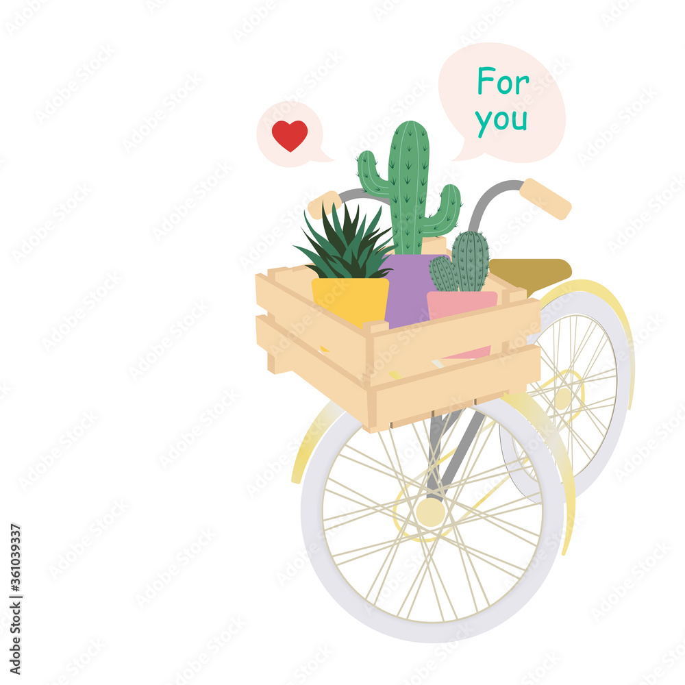 Cactus in wooden box on bicycle. cute gift card for you. vector illustration.