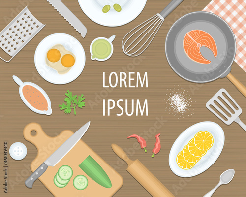 Vector illustration. Food and cooking. Top view. Kitchenware, cookware, kitchen tools. (view from above)