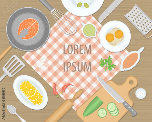 Vector illustration. Food and cooking. Top view. Kitchenware, cookware, kitchen tools. (view from above)
