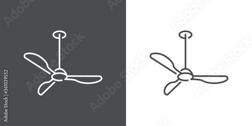 Concepto aire acondicionado. Icono plano lineal ventilador de techo en fondo gris y fondo blanco