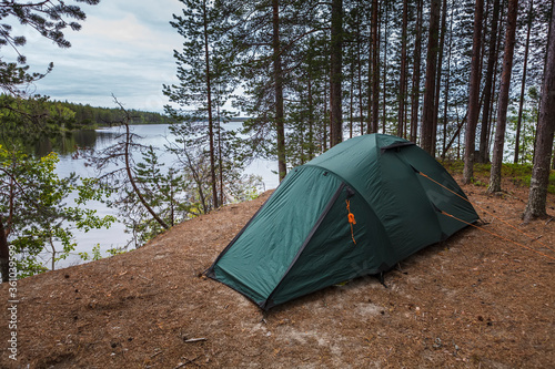 Camping Tent. Chirka-Kem river. Karelia region. Summer.