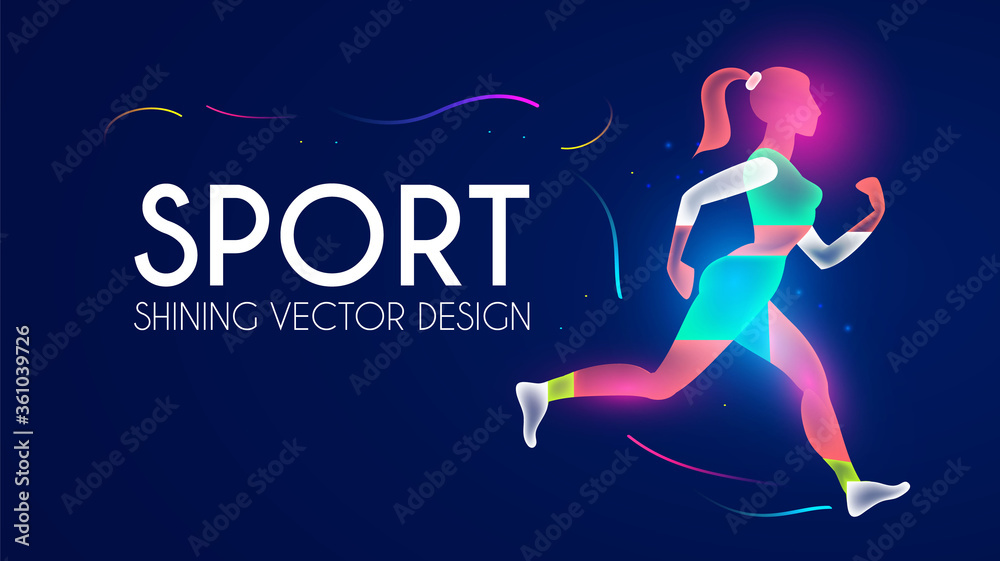 Fitness girl. Sport and ads logo shining design. Trendy character.