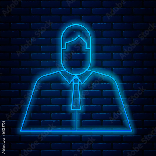 Glowing neon line Lawyer, attorney, jurist icon isolated on brick wall background. Jurisprudence, law or court icon. Vector Illustration.