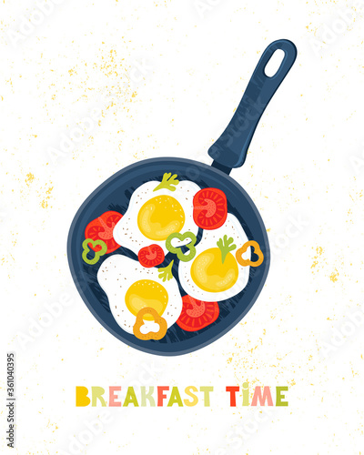 Fried eggs in a frying pan with vegetables, tomatoes, peppers. Healthy brunch with fresh homemade meal. Traditional food International cuisine. Hand drawn poster or card with lettering Breakfast time.