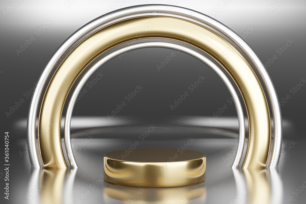 Blank pedestal with round gold frame on gray background, 3d rendering mockup Blank pedestal with round gold frame on gray background, 3d rendering mockup