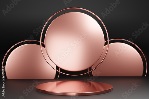 Blank pedestal with round pink gold circle on dark background, 3d rendering mockup